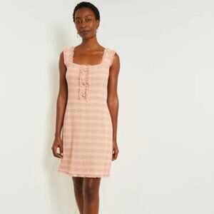 Misook Pink Fringe Trim Tweed Knit Sleeveless Mini A-Line Dress Size Large